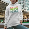 thumbnail image 2 of Make the World a Kinder Place, Quote About Kindness, Groovy Retro Wavy Text Merch Gift, White Hooded Sweatshirt or Hoodie, Medium, 2 of 5