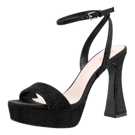 XYD Women Stylish Rhinestone Studs Platform Block High Heel Sandals Square Open Toe Ankle Buckle Strap Bridal Shoes Size 7 Black