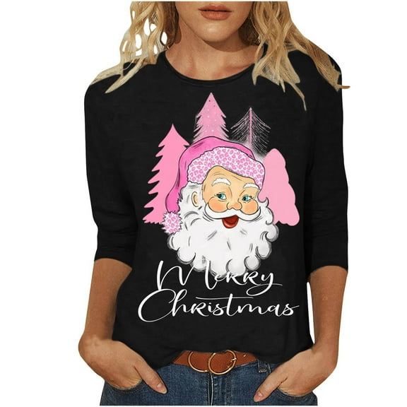 KIHOUT Shirts for Women Petite Fashion Printed Blouse 3/4 Sleeves Shirt Round Neck Casual Tops