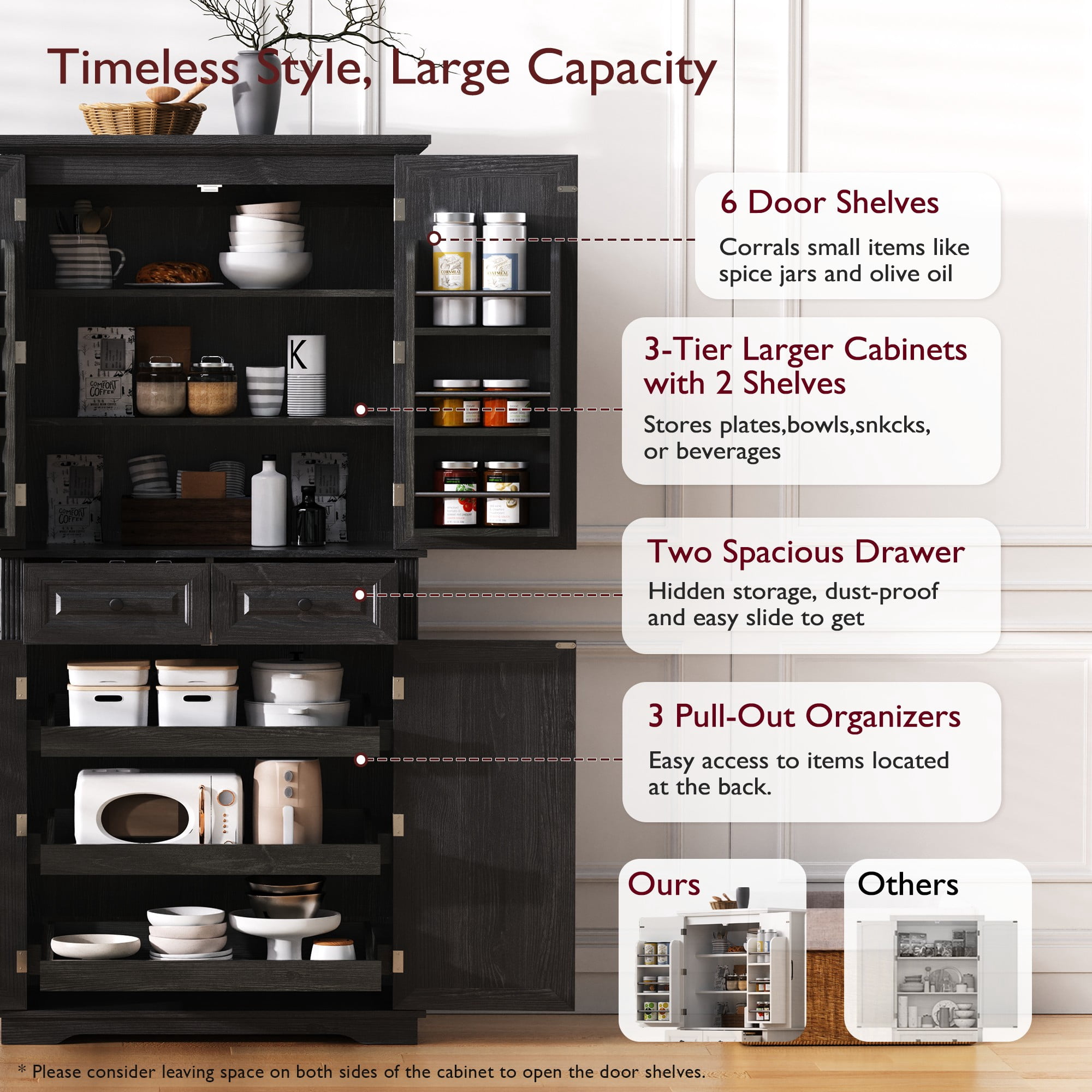 Euroco Woodgrain Kitchen Pantry Cabinet with Pull-Out Organizers, 6 Door Shelves, and Adjustable Storage – 71" Tall Freestanding Pantry with Vintage-Inspired Design