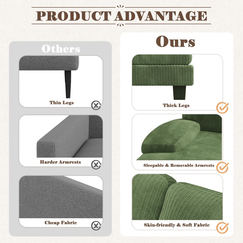 Homall U Shaped Sectional Sofa with Soft Corduroy Sofa Couch with Double Chaise for Apartments,Living Room, Corduroy Green