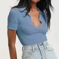 thumbnail image 5 of Women Knit Crop Shirts,Summer Short Sleeve Ribbed Collared T-Shirt Solid Fitted V-Neck Tops, 5 of 5