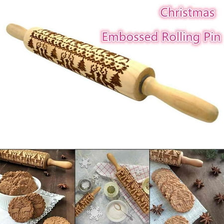 13.78inch Christmas Trees Wooden Rolling Pin Engraved Carved Wood Embossed Baking Cookies Biscuit Fondant Roller Xmas Kitchen (Best Rolling Pin For Fondant)