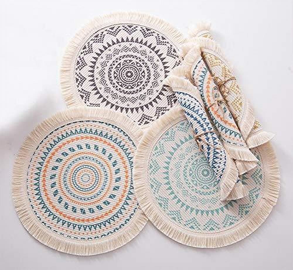 Fennco Styles Boho Geometric Fringe Decorative Cotton Placemats 13-inch Round, Set of 4