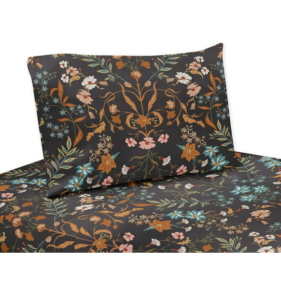 Sweet Jojo Designs Boho Floral Wildflower Orange Black Blue 4 Piece Queen Size Sheet Set - 4 piece