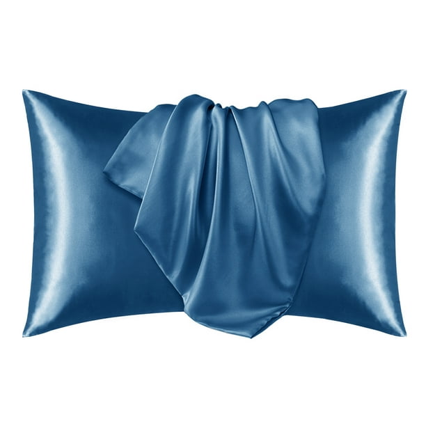 Deconovo Juego de 2 fundas de almohada King de satén y seda, azul marino claro, con cierre de sobre, protector de lujo para el cabello y la piel.