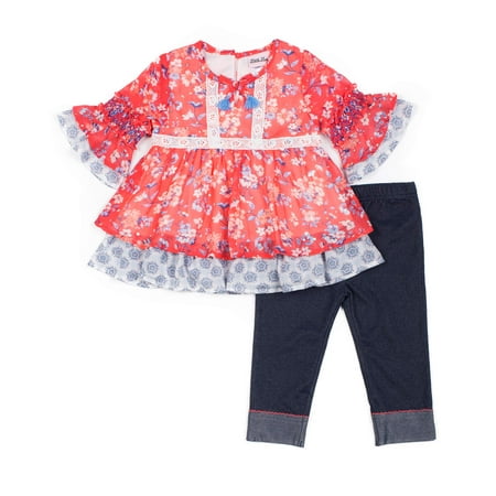Floral Chiffon Disco Dot and Knit Denim Capri Legging, 2-Piece Outfit Set (Little Girls)