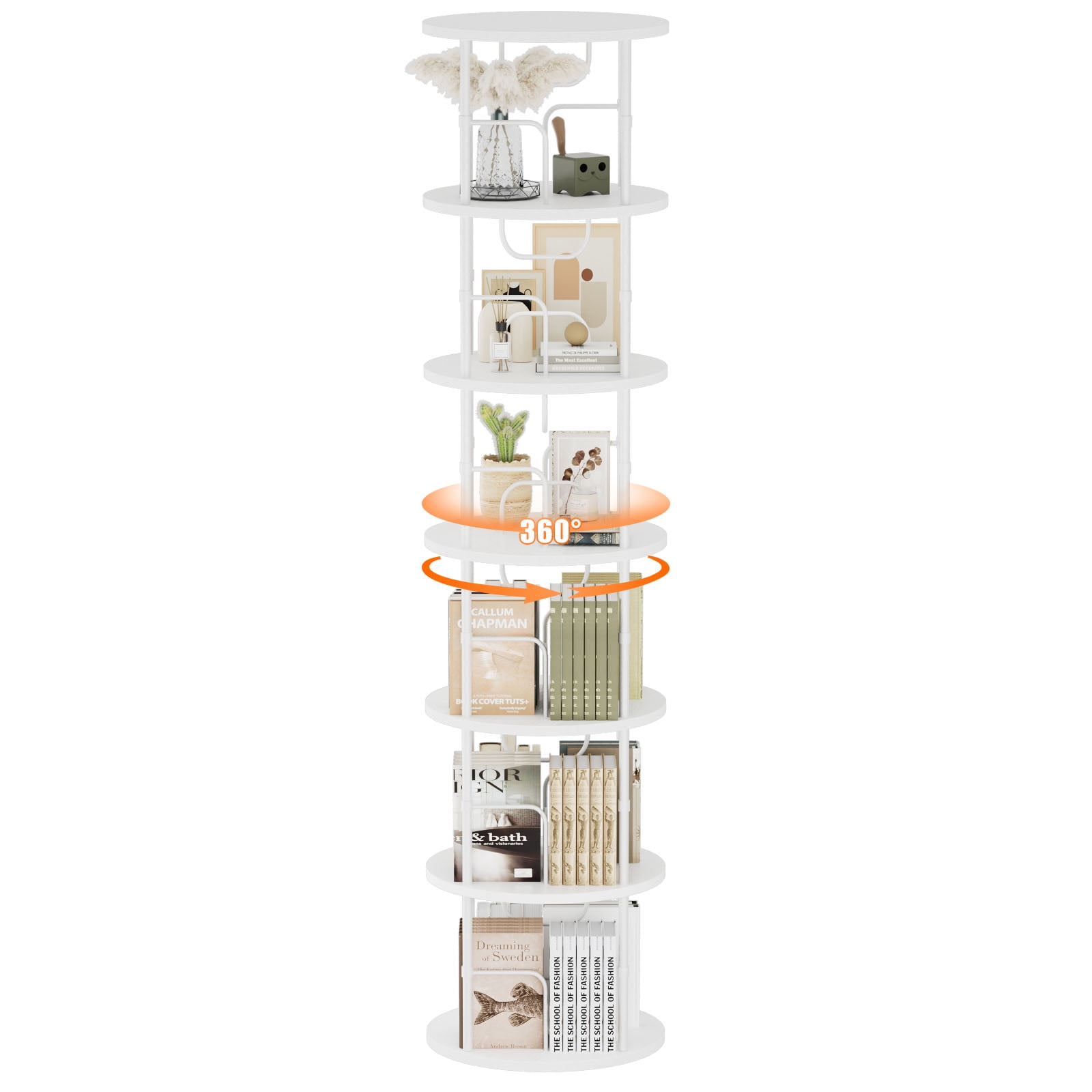 Flycity 6 Tier Rotate Bookcases, 360° Display Spin Bookcases Corner Shelf with Special Visible Partition Storage, White