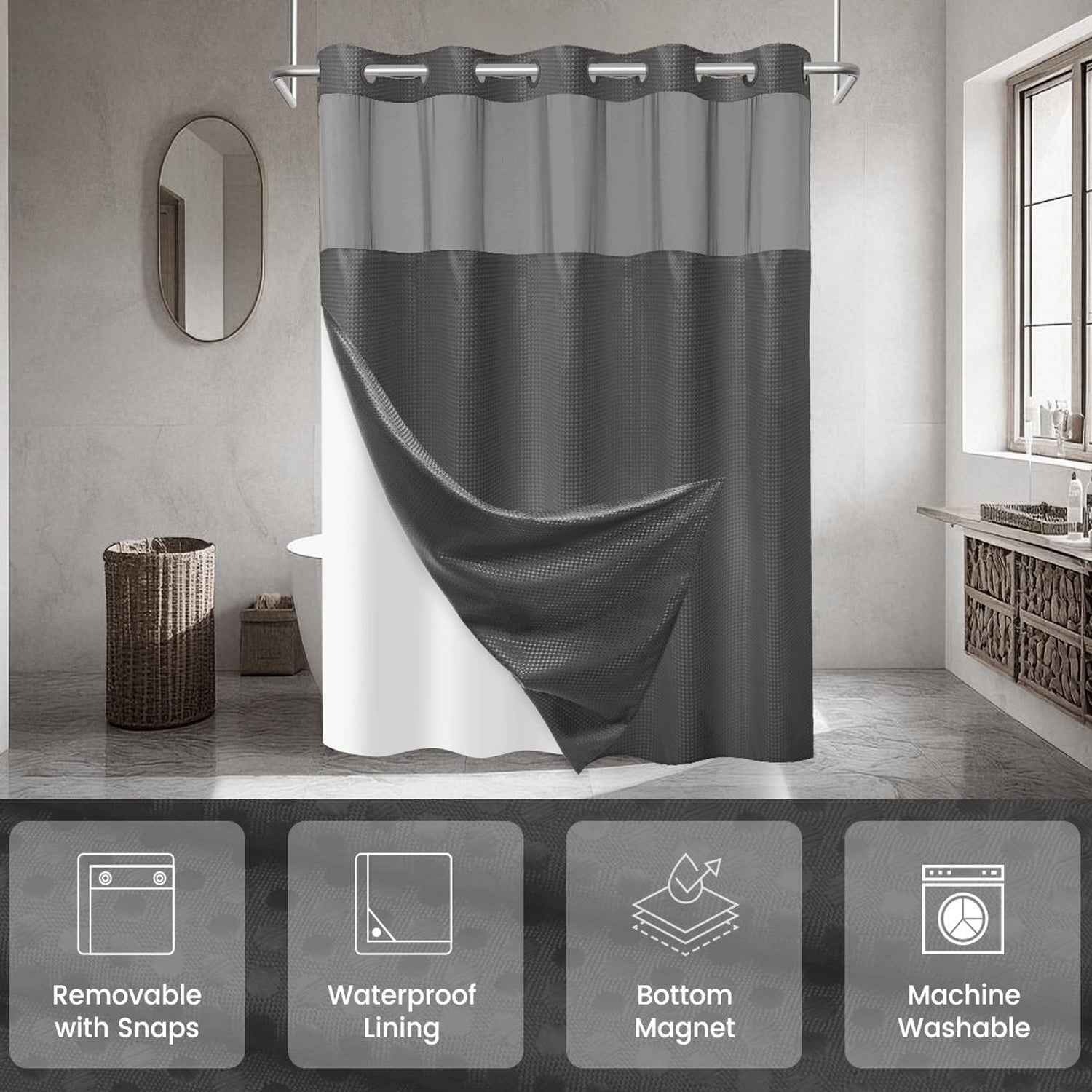 Waffle Weave Hookless Shower Curtain with Snap in Liner, DawnJoanHD Dark Grey Polyester Fabric Shower Curtains with See Through Top Window, 71" x 74"