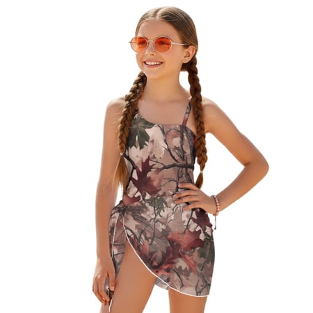 POLERO Girls One-Piece Swimsuit with Mesh Cover Skirt - Autumn Leaf Camo Design Quick Dry Adjustable Straps for Beach & Pool Days (7-18 Years)
