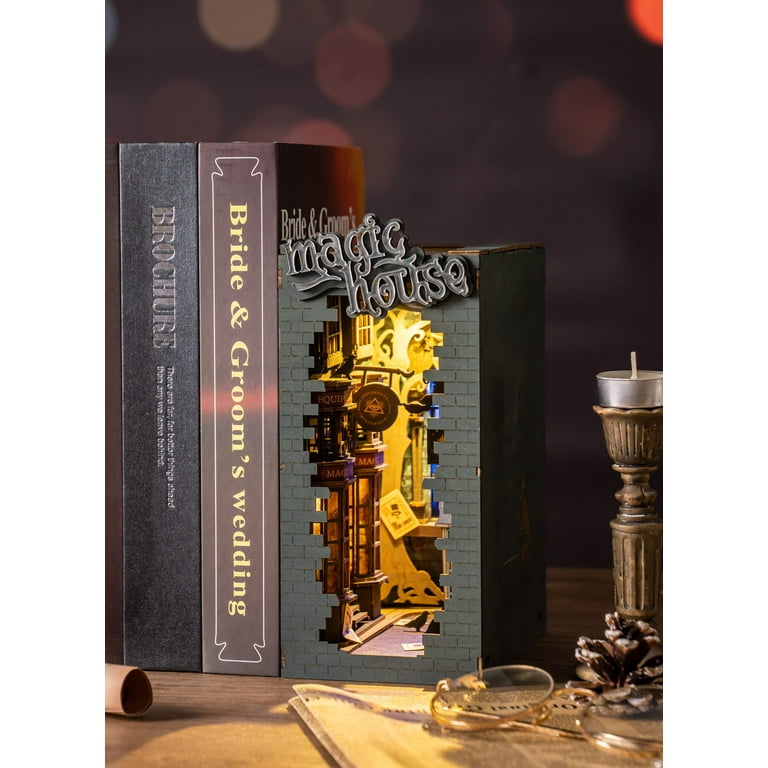  ROBOTIME DIY Book Nook Kit Decorative Booknook Bookshelf Insert  Bookcase Book Stand 3D Wooden Puzzle DIY Miniature House Kit with LED Light  Model Kit for Adults (Magic House) : Toys 
