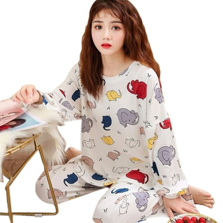 

TINYSOME Women 2 Piece Pjamas Set Cartoon for Crocodile Elephant Pineapple Print Sleepwear Long Sleeve Casual Loose Loungewear L-