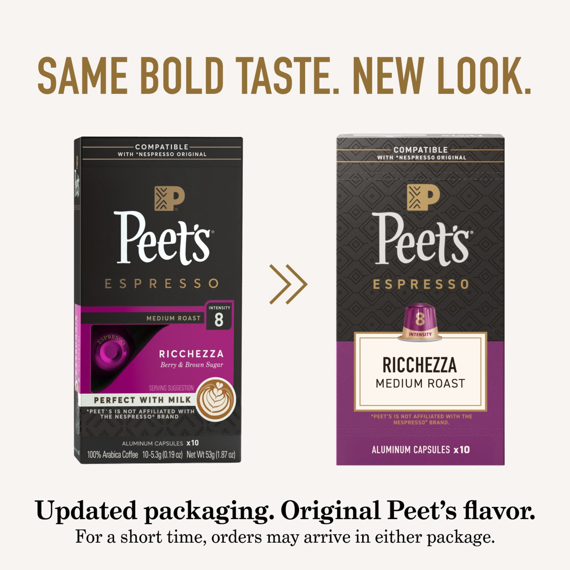 (10 pack) Peet's Coffee Ricchezza Premium Medium Roast Intensity 8 Espresso Coffee Pods, 10 Count
