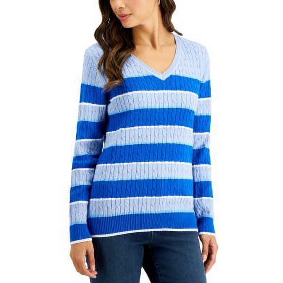 MSRP $47 Karen Scott Gianna Cotton Striped Cable V-Neck Blue Size XS