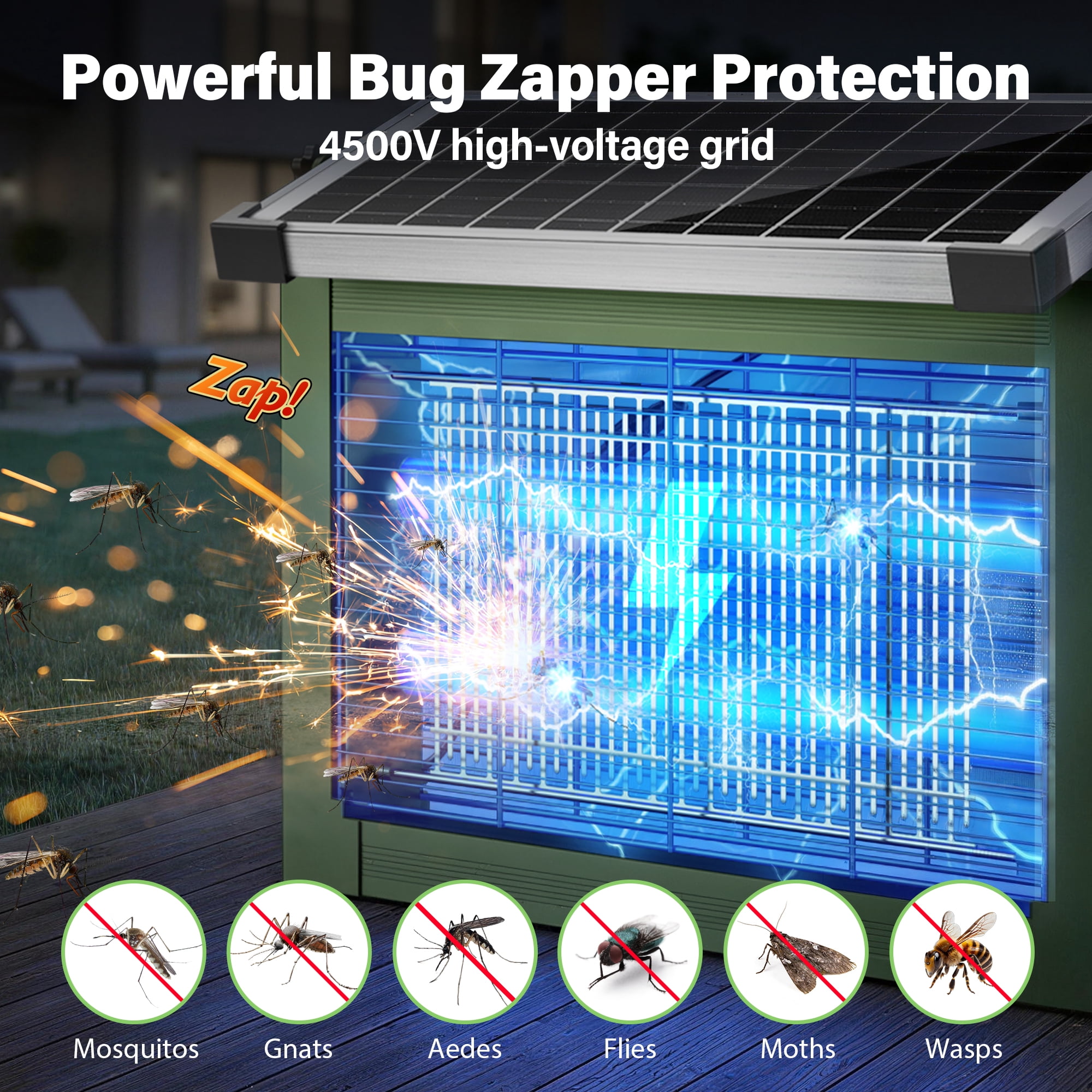 Rossetta Solar Bug Zapper Light, 4500V Waterproof Mosquito Zapper, Dual Power (Solar & Usb) for Indoor & Outdoor, Green