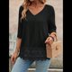 thumbnail image 4 of Camiseta de Verano con Cuello en V, 3/4, Estilo Retro, y con Bordado de Patchwork de Encaje Vintage para Mujer. Negro XL, 4 of 10