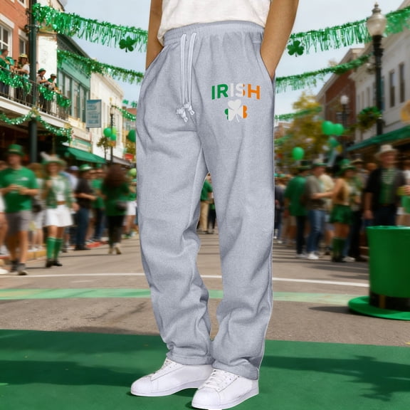 Mens Sweatpants with Pockets Men St. Patrick's Day Print Fashion Drawstring Elastic Waist Solid Color Casual Sweat Length Pants Gray M