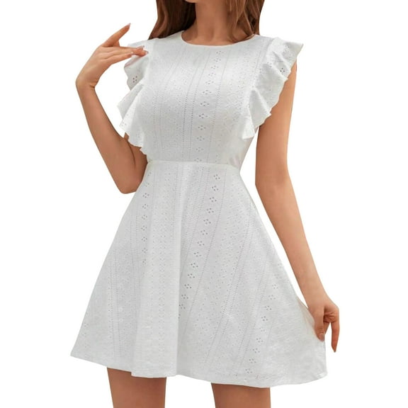 Summer Dresses for Women White Womens Casual Solid Color Pleated Casual Hollow Dress White Size M