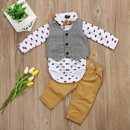 Newborn Baby Boys Formal Suit Waistcoat Pants Bowtie Tuxedo Casual Outfits