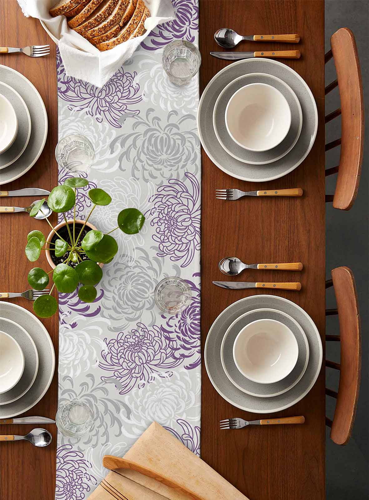 Table Runners 60 Inches Long Dress Scarves, Purple White Farmhouse Kitchen/Dining Table Runner, Small Coffee Tablerunners, Abstract Grey Chrysanthemum Flower Floral 13x60 Inch