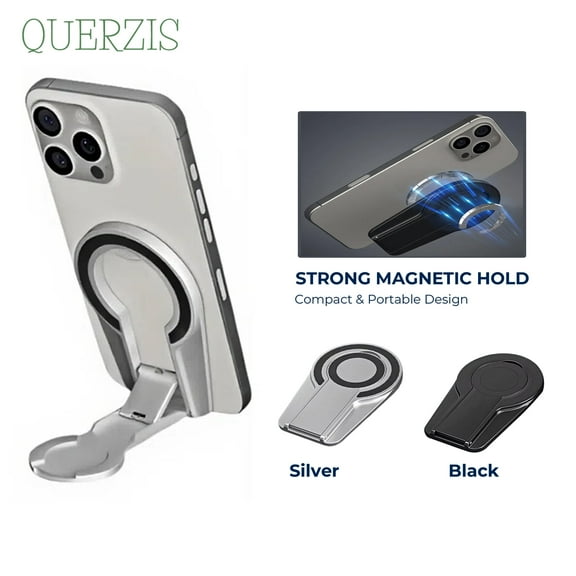 QUERZIS Magnetic Phone Stand for MagSafe, Foldable 360° Holder for iPhone 12–16, Black, Travel Car Desk