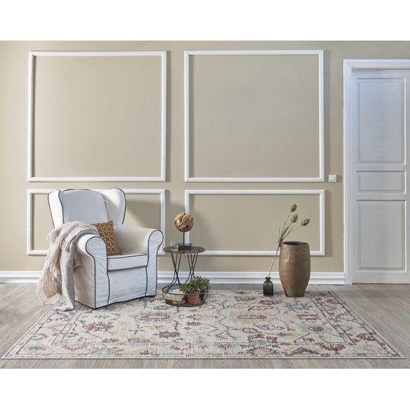 5' x 7' Ivory Floral Bordered Wool Indoor Area Rug