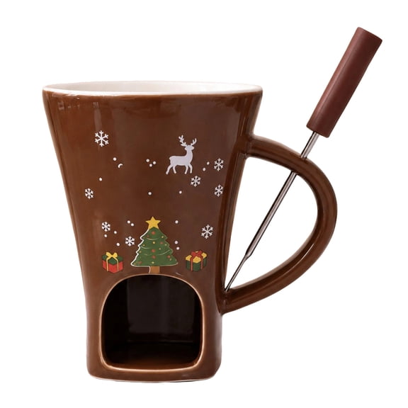 Christmas Ceramic Chocolate Fondue Mug with Fork, Brown Festive Melting Cup for Holiday Parties and Gifting