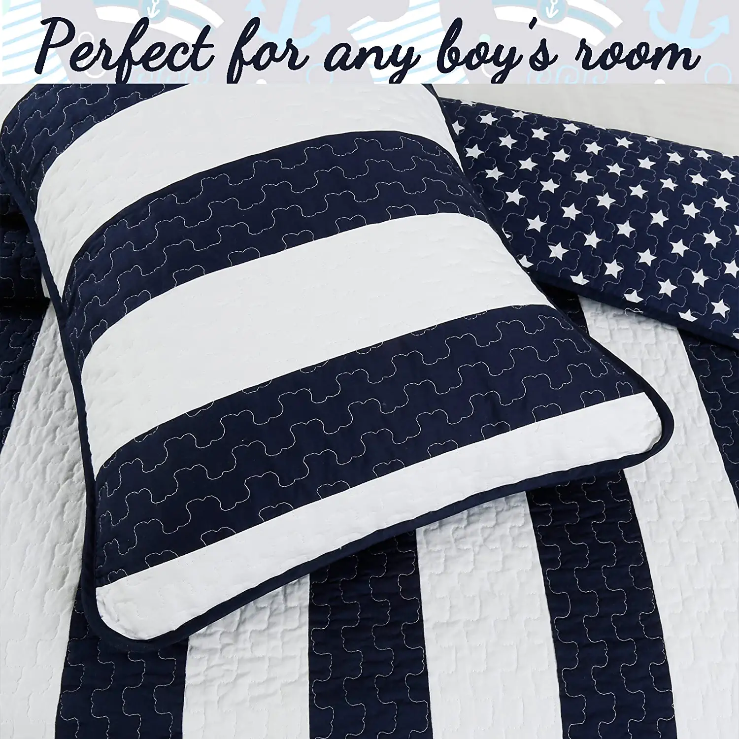 Cozy Line Home Fashions Nautical Navy Blue White Sailor Star Striped Printed Pattern 2 Piece 100% Cotton Quilt Bedding Set, Twin