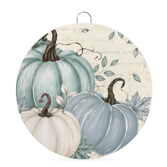 Round Welcome Sign for Front Door, Teal Pumpkin Fall Hanging Metal Farmhouse Wall Decor for Porch Entryway, Thanksgiving Rustic Botanical Decoration for Holiday Housewarming Gift, 6 in