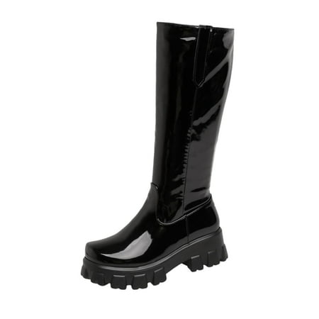 

Dyfzdhu Ladies Fashion Solid Color Bright Leather Round Toe Thick Sole Vintage Long Boots