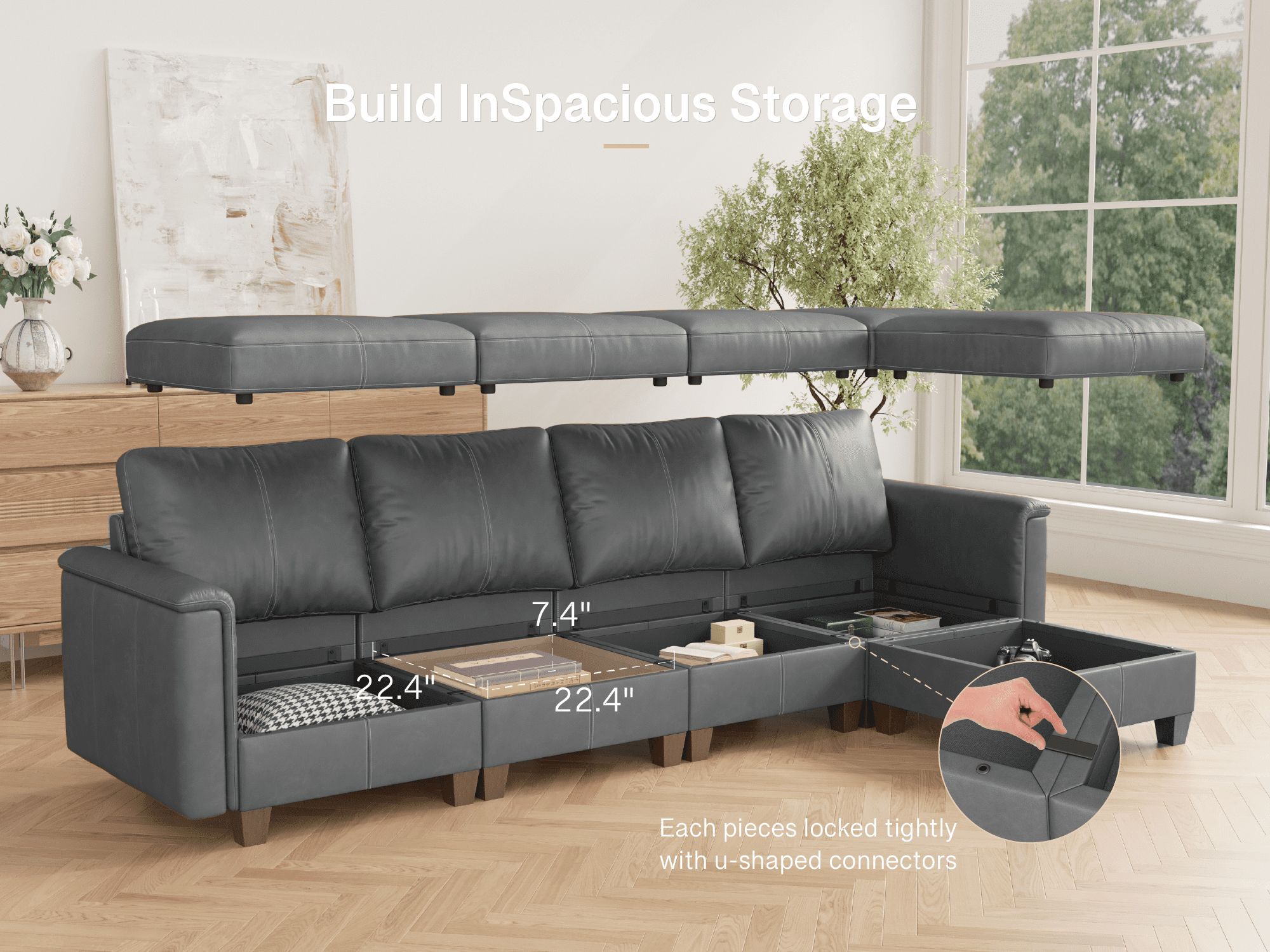 SITJOY 118" Faux Leather Modular Sectional Couches with Storage, Convertible 5 Seat L-Shaped Sectional Sofa with Ottoman for Living Room, Gray