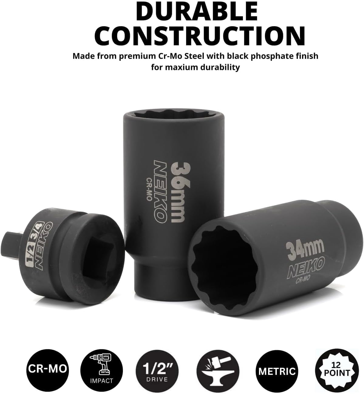 NEIKO 02530A 5 Piece 12 Point Socket Set 1/2” Drive, Lug Nut Remover, Spindle Nut Socket, Axle Nut Socket Set, Metric 30mm - 36mm Socket 1/2 Drive Impact Set, Cr-Mo Impact Adapter, 3/4" -1/2” Reducer
