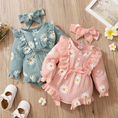 

Baozhu Newborn Infant Baby Girls Jumpsuit + Headband Daisy Print Long Sleeve Bodysuits Onepieces Fashion Baby Clothing
