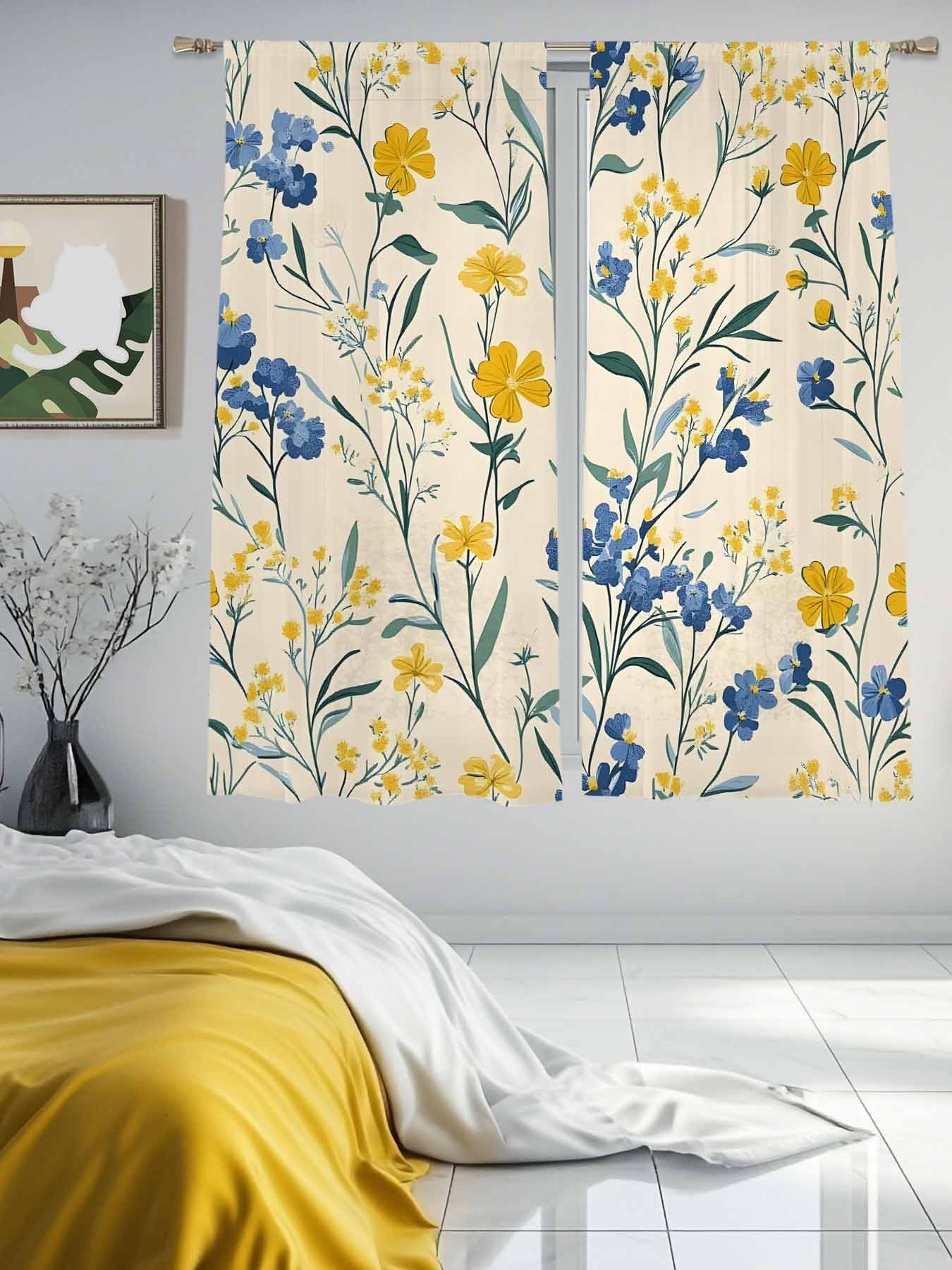 Spring Flower Sheer Curtains 2 Panels Set Watercolor Yellow Floral Vintage Green Leaf Linen Texture Sheer Window Curtains Light Filtering Rod Pocket Voile Drapes for Bedroom Living Room 52"X72"