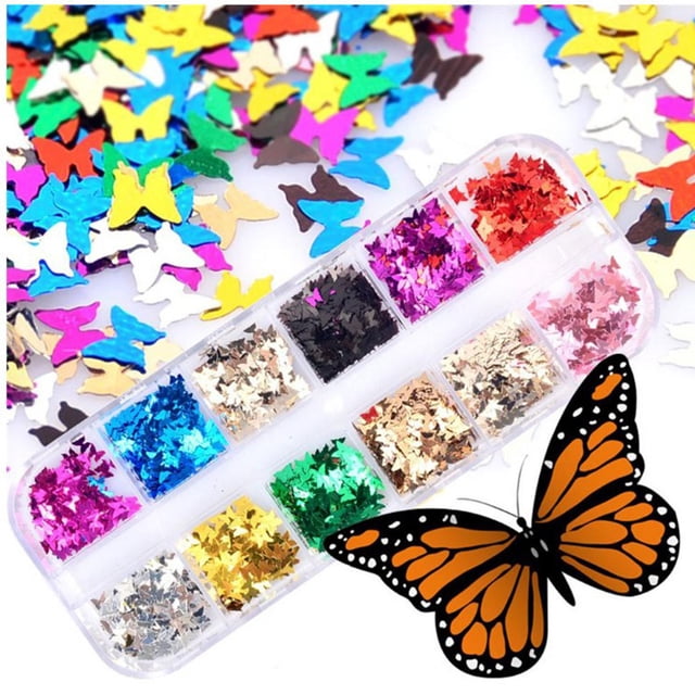 12 colores mariposa brillo uñas lentejuelas uñas arte copos confeti colorido brillo pegatinas calcomanías
