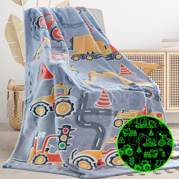 Glow in The Dark Blanket Boys Gifts for Kids Fuzzy Cozy Warm Soft Fleece Glowing Tractor Blankets for Bed Sofa Couch Unique Gifts Construction Truck Throw Blanket for Boys Teens 50"" 60""
