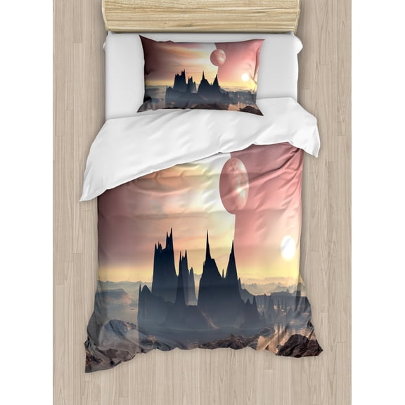 Fantasy Duvet Cover Set Twin Size, Twin Moons Over Planet Europa Apocalypse Armageddon Deserted Landscape, Decorative 2 Piece Bedding Set with 1 Pillow Sham, Blush Yellow Dark Brown, by Ambesonne