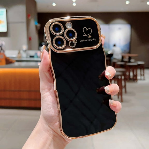 Compatible With iPhone 16 Pro Phone Case for Women Girls,Cute Wave Frame Curly Shape with Love Heart Pattern,Luxury Plating Soft TPU Shouckproof Anti-fall Phone Case Cover,Black