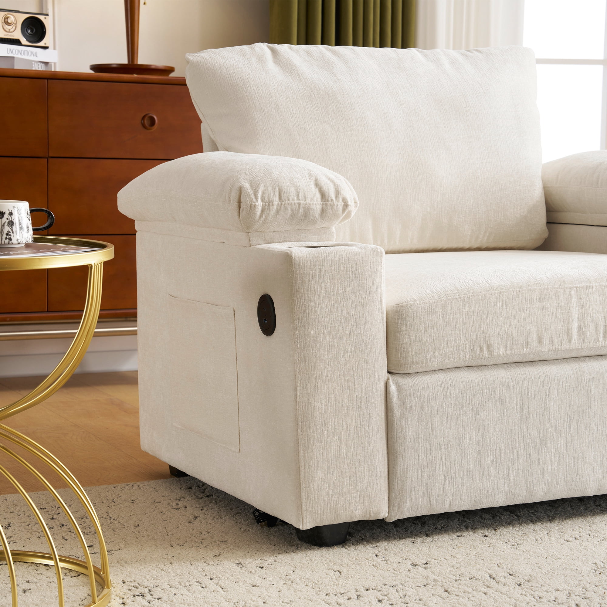 Aukfa 58" Chaise Lounge Oversized Sofa Chair with 2 Cup Holders&USB Ports, Chenille, Beige