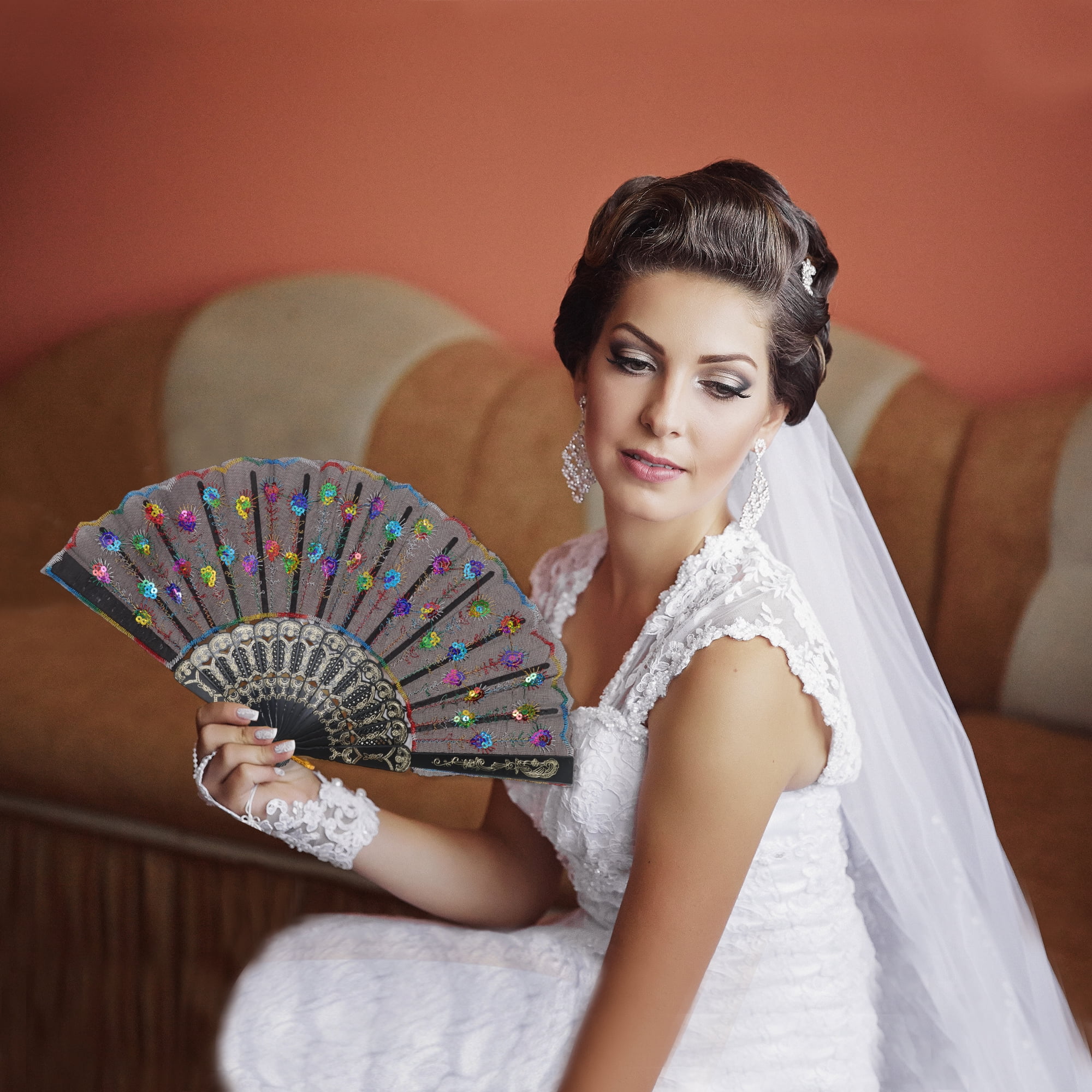 Unique Bargains Beautiful Sequins Folding Fan 1 Pc Colorful