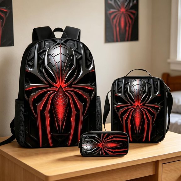 3 in 1 Spider Pattern, 17'' Large-Capacity Backpack Set With a Fashionable and Personalized Style is Exquisitely Designed and Widely Applicable, Making it an Ideal Choice(Black)