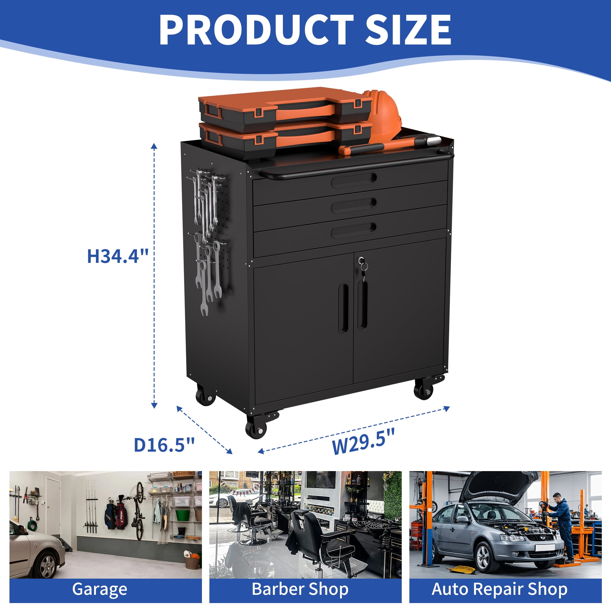 Rolling Metal Tool Cabinet – Heavy Duty Garage Storage with Lockable Doors & 3 Drawers, Mobile Workbench