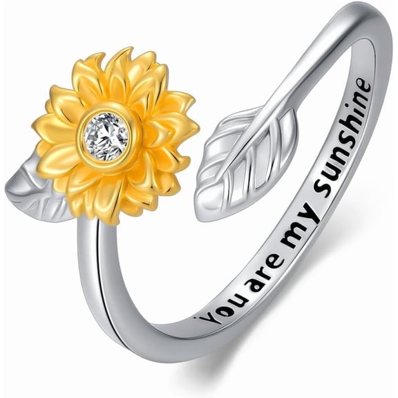 AOBOCO Diamond Sunflower Rings for Women 925 Sterling Silver Sunflower Ring You Are My Sunshine Statement Rings Fine Jewelry Gifts for Her