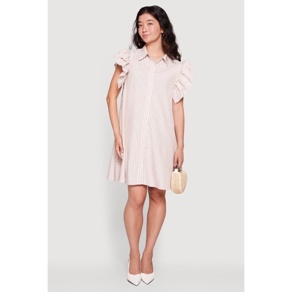 Women's Pinstripe Tiered Ruffle Sleeve Shirt Dress