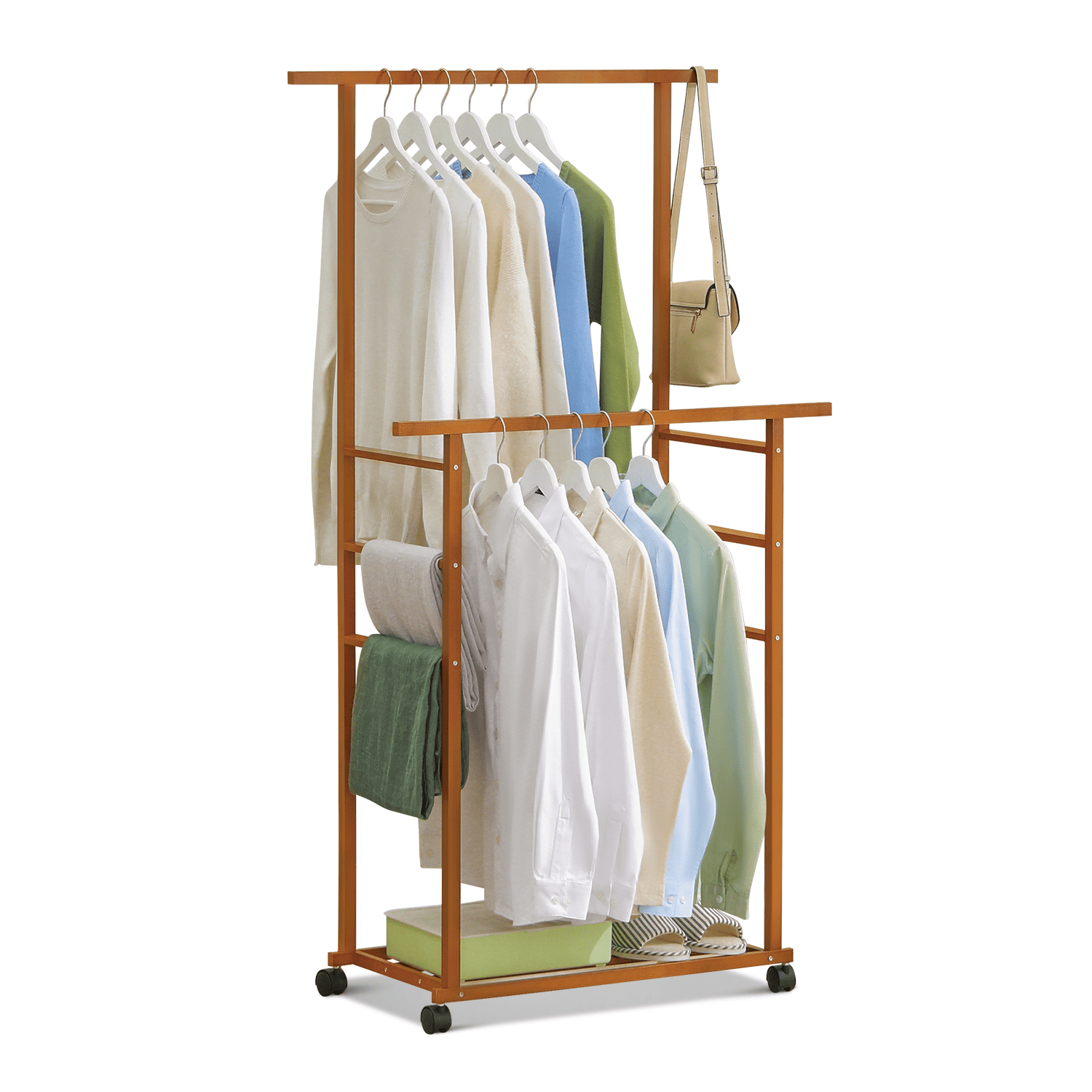 MoNiBloom Bamboo Sliding Garment Rack, Wheeled Caster Clothes Storage ...
