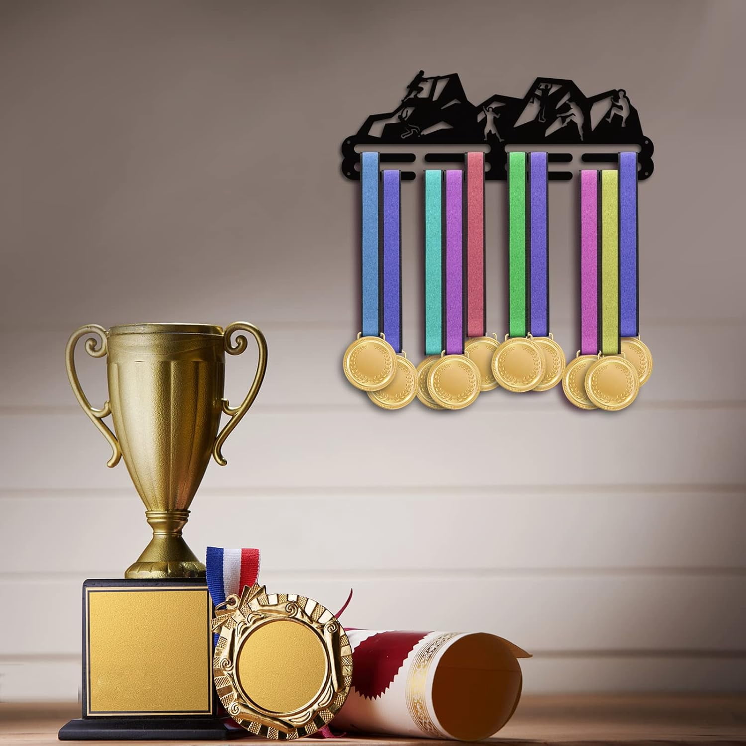 Rock Climbing Medal Hanger Holder Mountain Pattern Ribbon Hanger Tiered Medal Hanger Sport Award Ribbon Cheer Rack Wall Mount Metal Frame for Over 50 Medals 15.75 Inch Making DIY