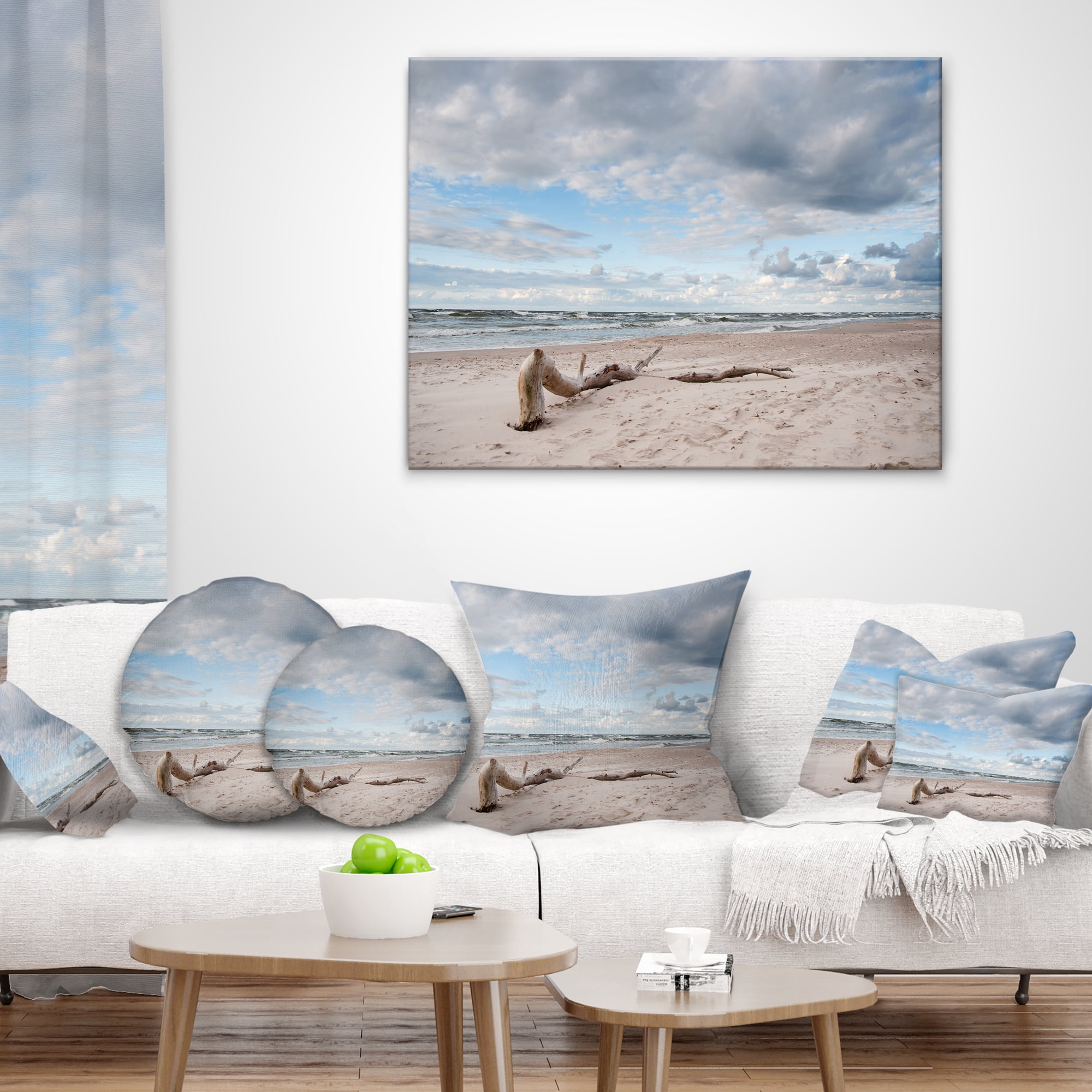 Designart Large Piece of Wood on Beach - Modern Seascape Throw Pillow - 16x16