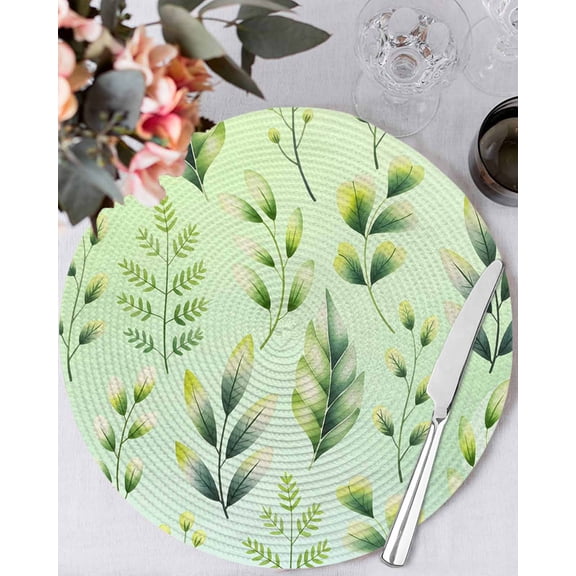 15 Inch Round Placemats Set of 4, Green Leaves Non Slip Heat Insulation PP Table Mats, Summer Botanical Farmhouse Leaf Washable Place Mats for Kitchen Dining Party Table Decor
