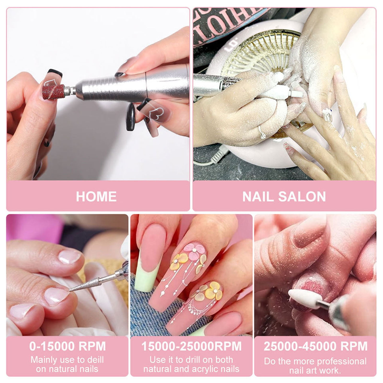 45000rpm Nails Drill Electric Nails Drill Machine Manicures Tool Low Noise Nails File Drill Set for Salon Household Use