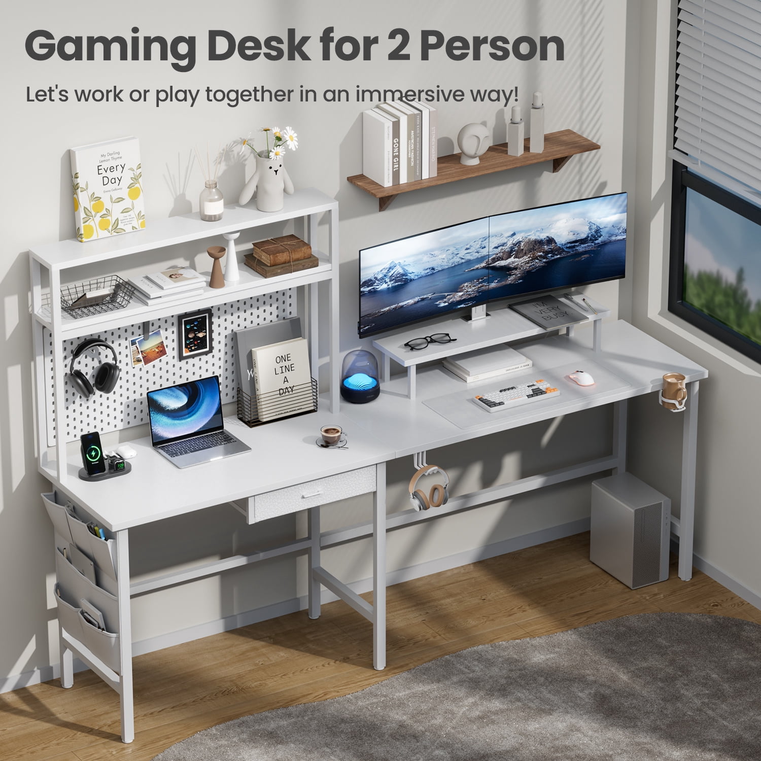 HLDIRECT L Shaped Gaming Desk with LED Light & Power Outlet, 59 Inch Reversible Corner Computer Desk with Storage Shelves & Drawer & Bag, Game Table with Hutch Monitor Stand, White